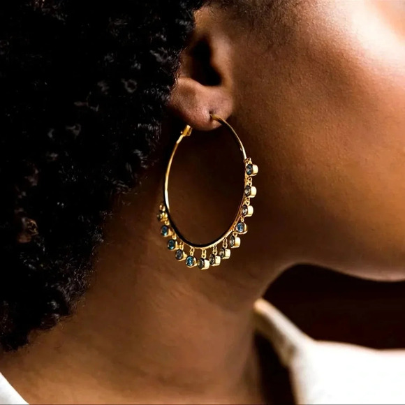 Gold Tassel Blue Crystal Hoops Earrings - Picture 6 of 7